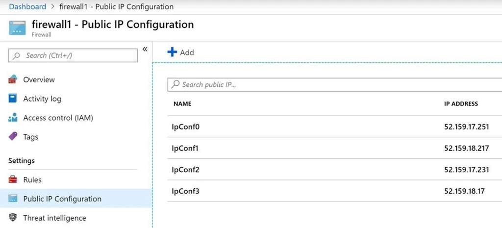 An image showing sample Azure Firewall public IP configuration with multiple public IPs.