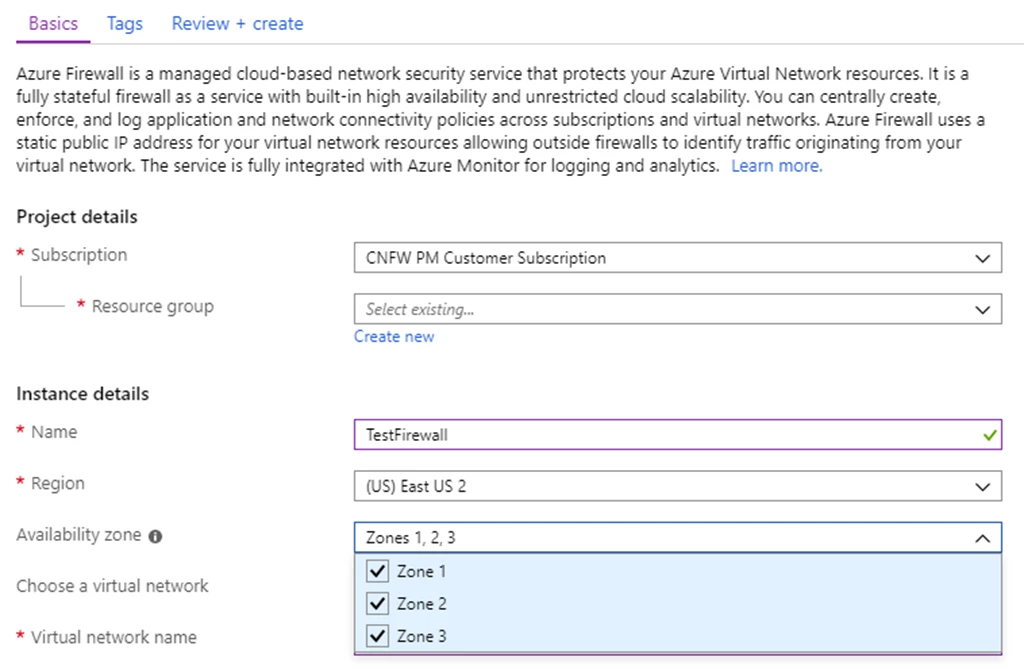 Image showing the creation of an Azure Firewall with 99.99 percent SLA.