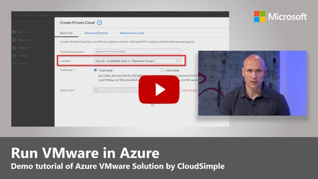 Snapshot of YouTube video with play button for Run VMware in Azure tutorial