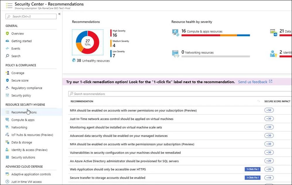 Recommendations blade in Azure Security Center