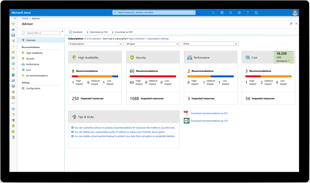 An image showing the Azure Advisor overview page.