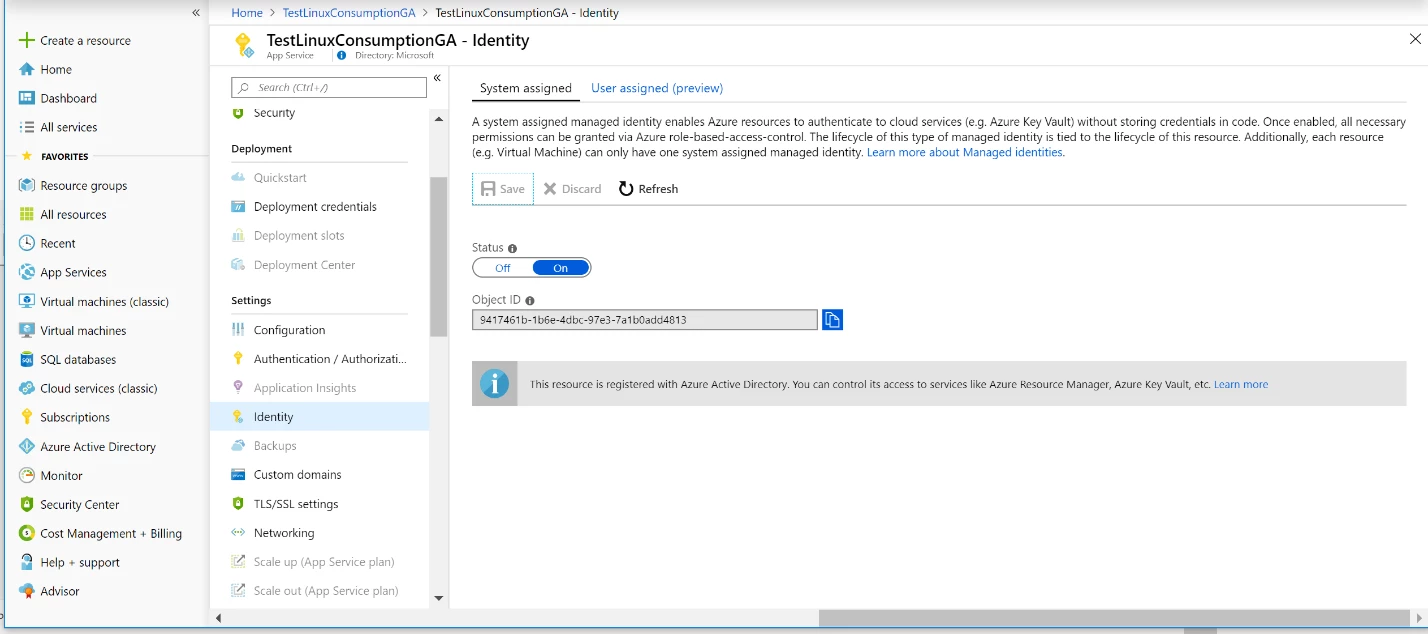 Azure Functions Linux Consumption managed identities
