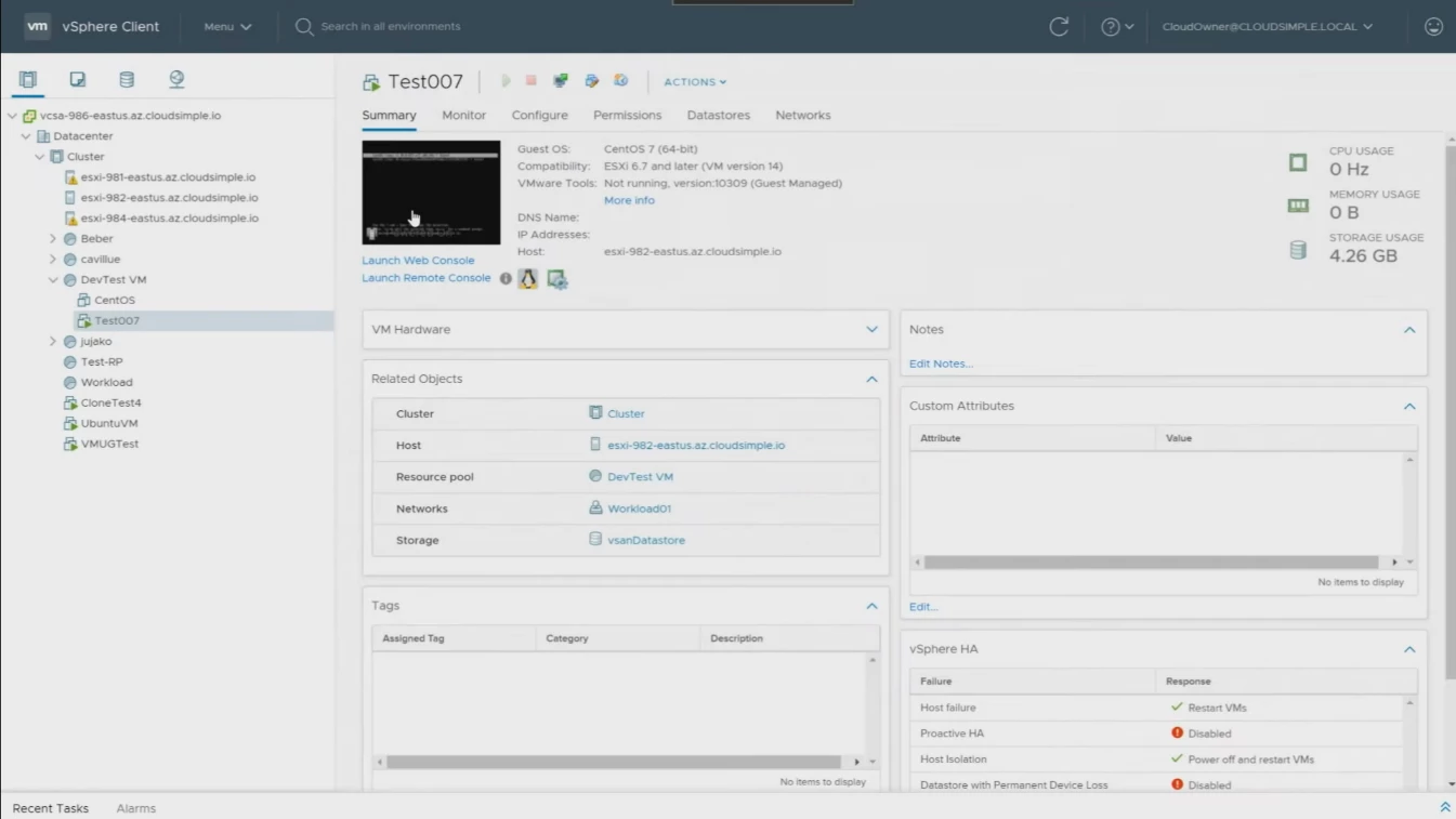 Virtual machine created in the Azure portal visible in VMware vSphere environment