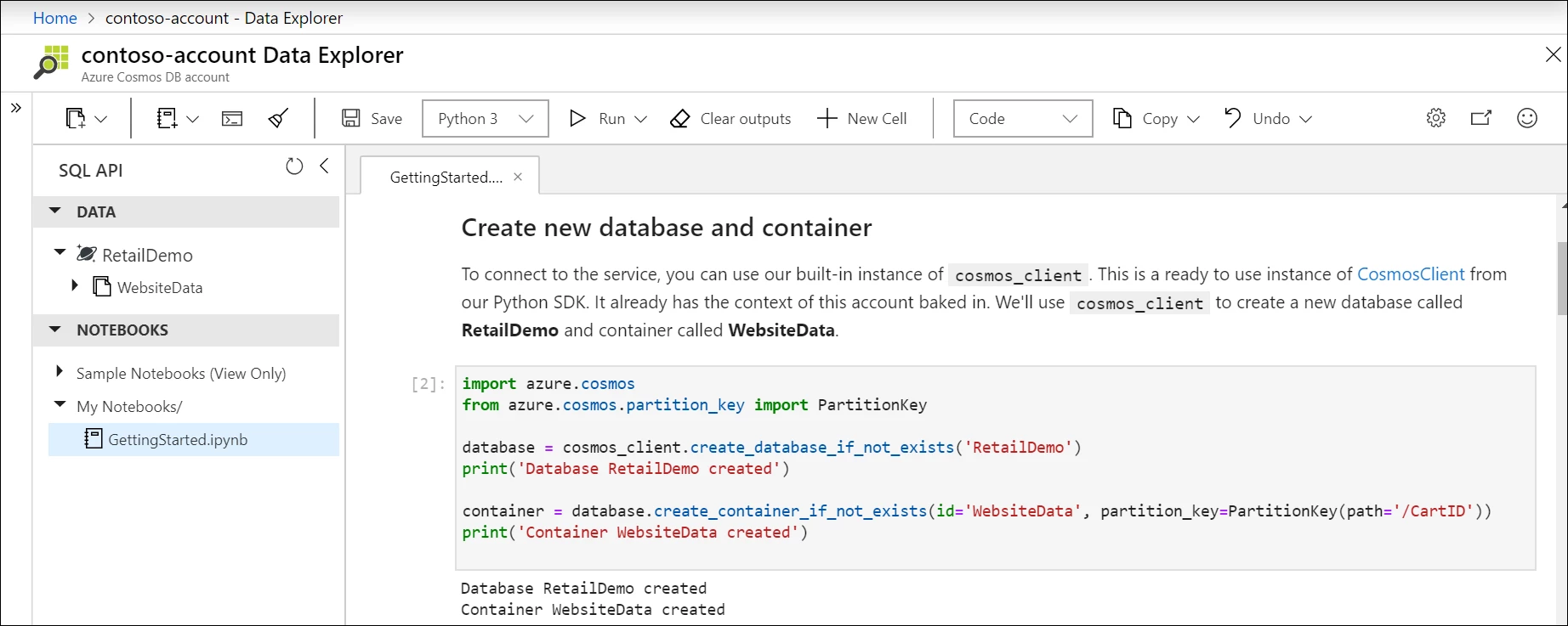 Create new database and container with built-in Python SDK in notebook.