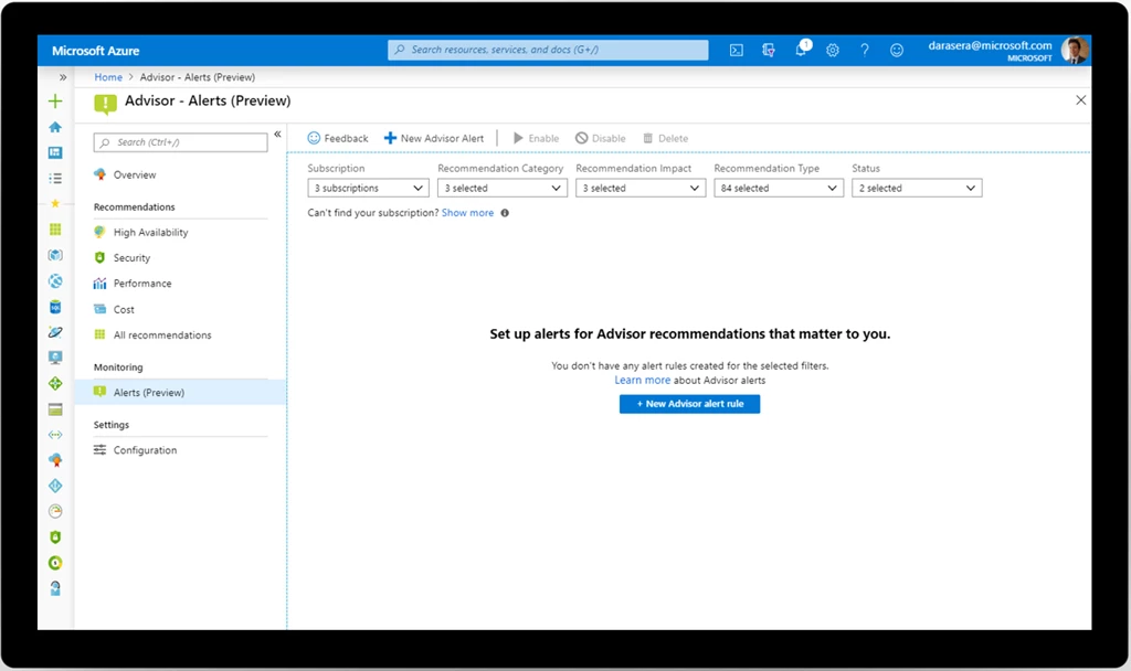 An image of the Microsoft Azure Advisor Alerts (preview) page.