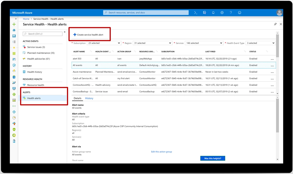 A screenshot of Azure Service Health in the Azure portal.