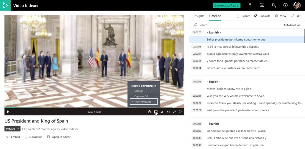 An image of the Video Indexer screen, showing multilingual transcription.
