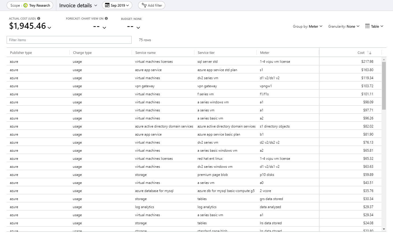 The new Invoice details view showing a table with publisher type, charge type, service, tier, meter, and part number.