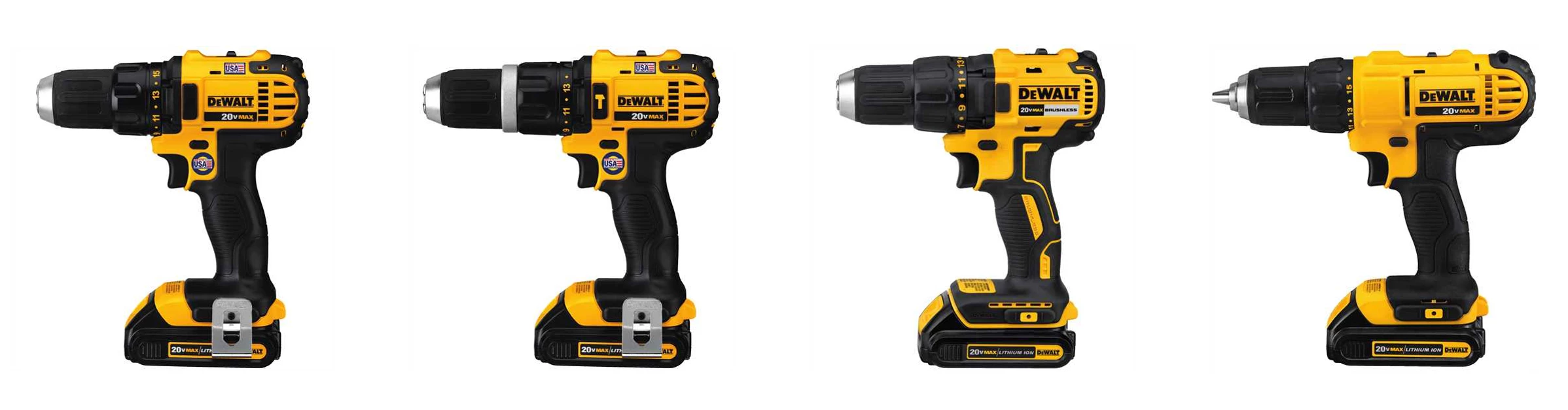 Four different DeWalt drills that look very similar