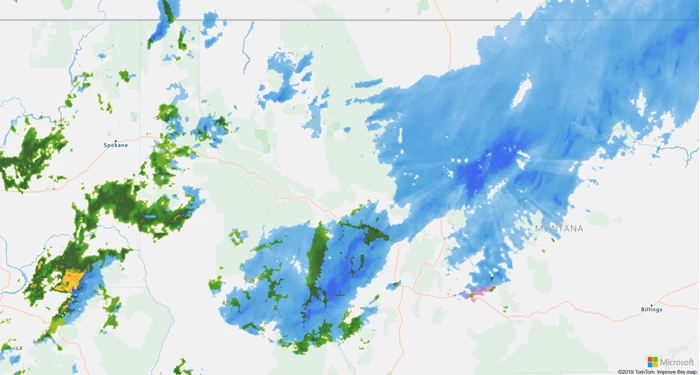An Azure Maps rendering of Montana with a weather radar overlay atop of it. 