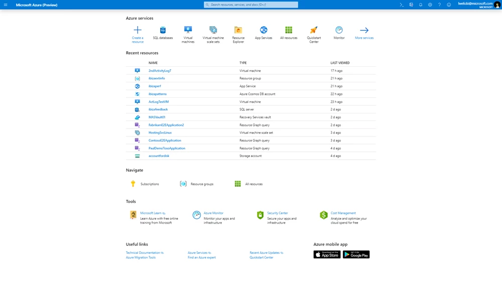 Image of the simplified Azure portal home.