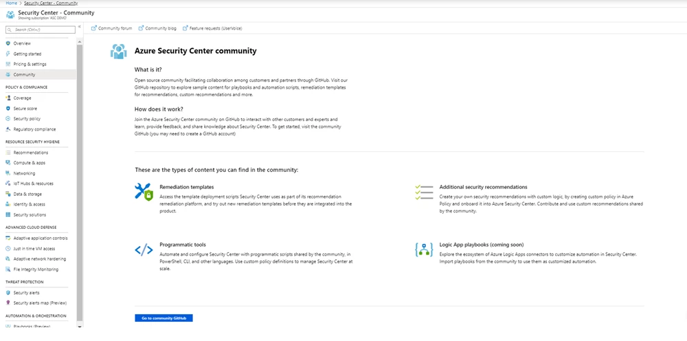 Screenshot of the Azure Security Center Community page.