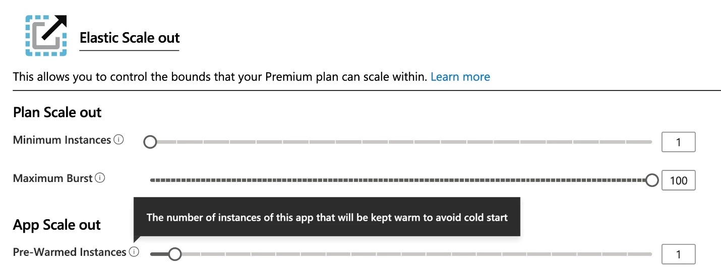 Scale settings for the Azure Functions Premium plan in the Azure portal