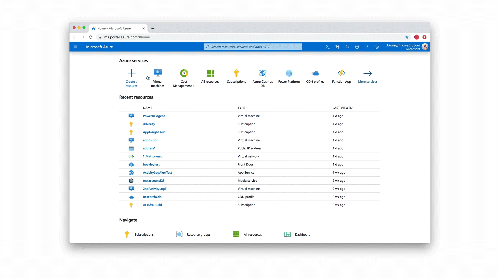 A gif of the Azure services page and the Virtual machines hover card.