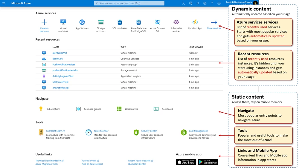 Screenshot showing the new sections of the Azure home page. 