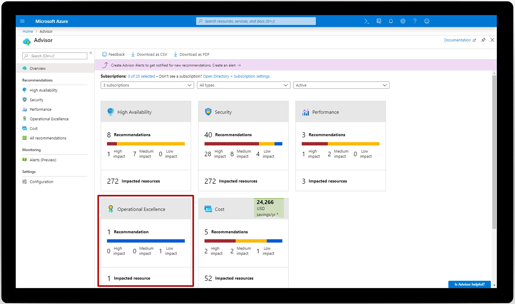 Screenshot of Azure Advisor in the Azure portal, showing the new operational excellence category.