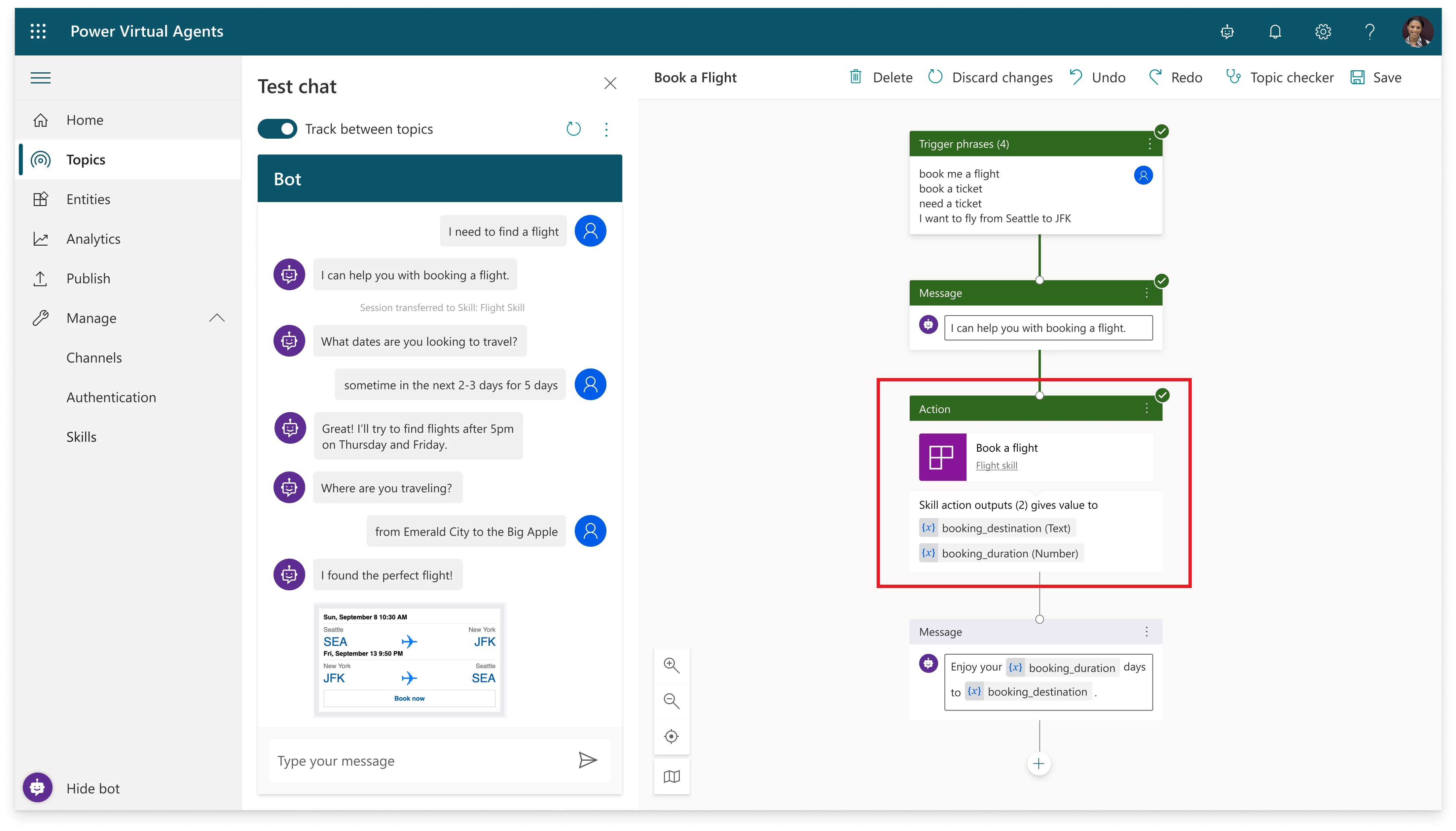 A screenshot showing a test chat with an example bot using the Book a Flight skill