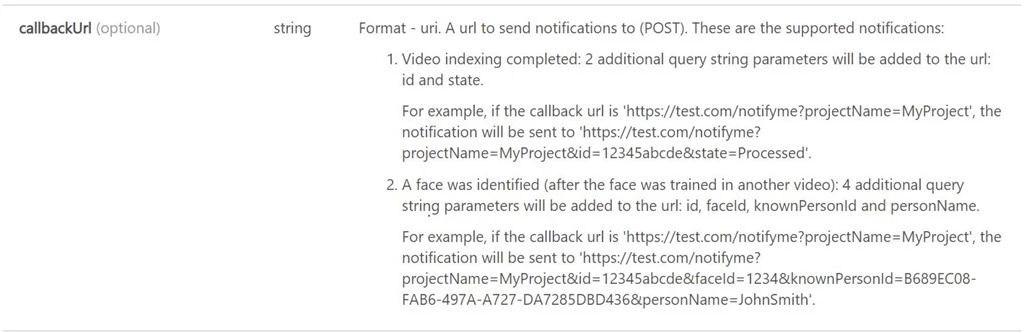callback URL address field in the uploadVideo API