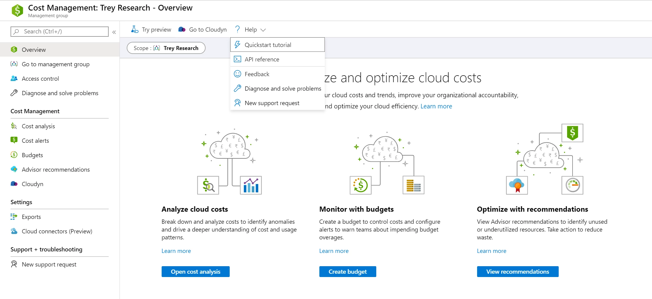 Help menu in Azure Cost Management showing options to navigate to a Quickstart tutorial, API reference, Feedback, Diagnose and solve problems, and New support request