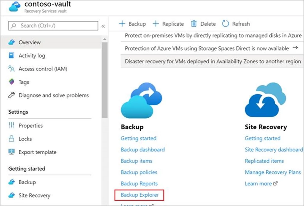 Backup Explorer link in Recovery Services Vault