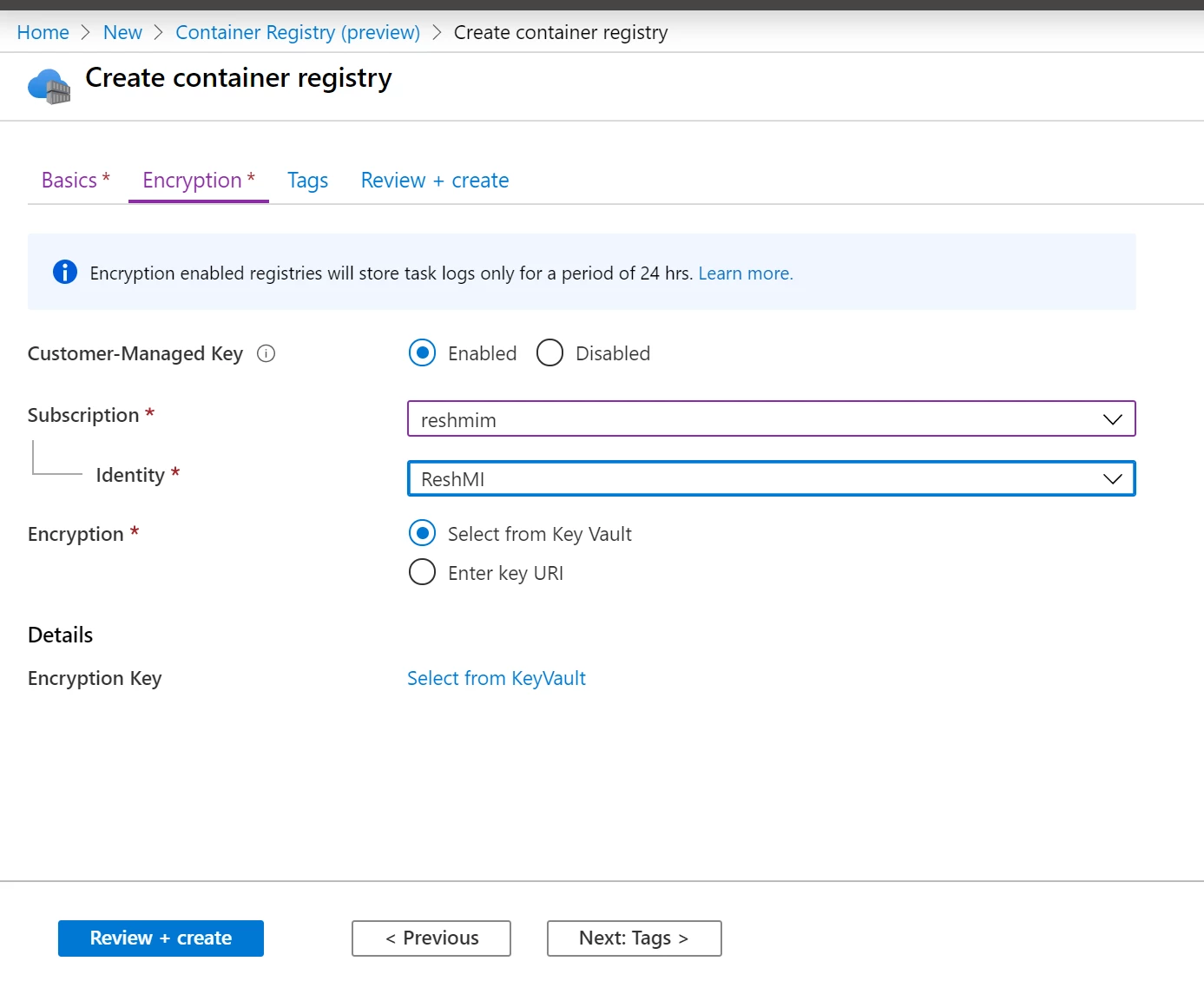 Figure 1: Create Container Registry with customer-managed keys encryption enabled
