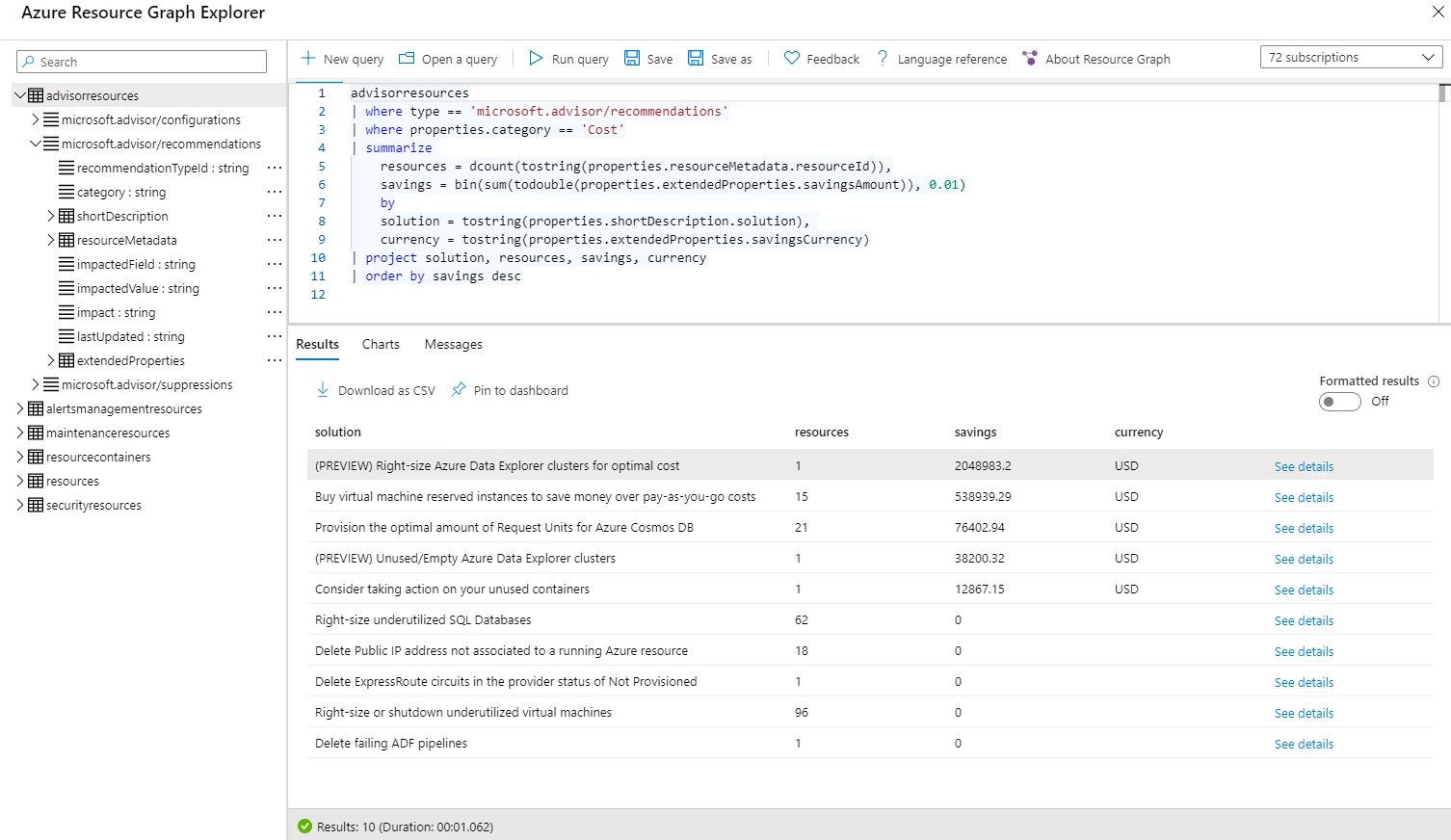 Query Azure Advisor cost recommendations in Azure Resource Graph from the Azure portal