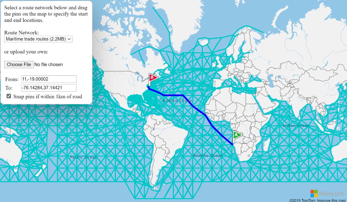 Map showing shortest path between points along shipping routes.