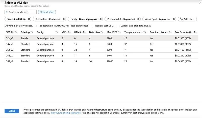 VM size pane in portal showing VM sizes and spot prices in the region. 