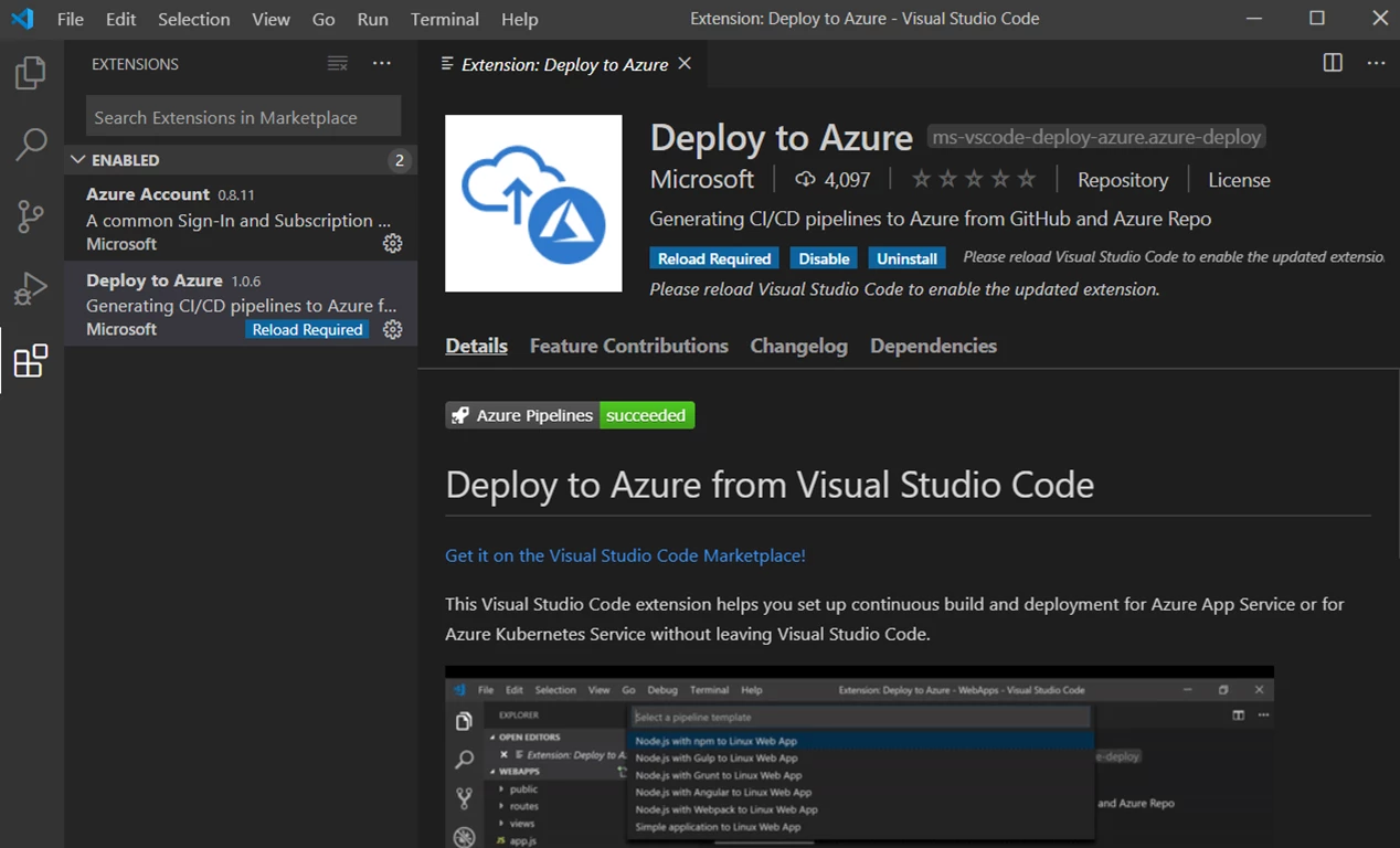 VS Code Deploy to Azure Extension