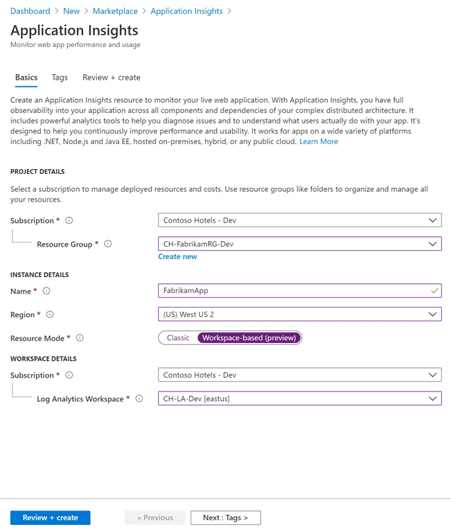 Application Insights configuration with Log Analytics Workspace