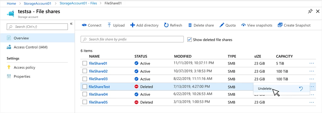Undelete soft-deleted file share in the Azure portal.