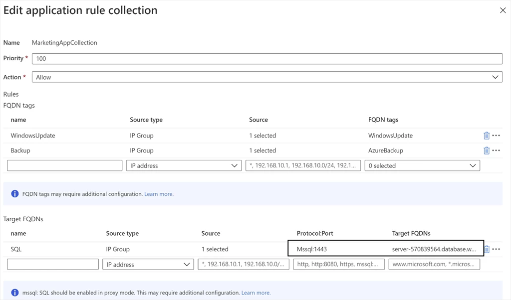 Azure Firewall application rules for SQL FQDN filtering.