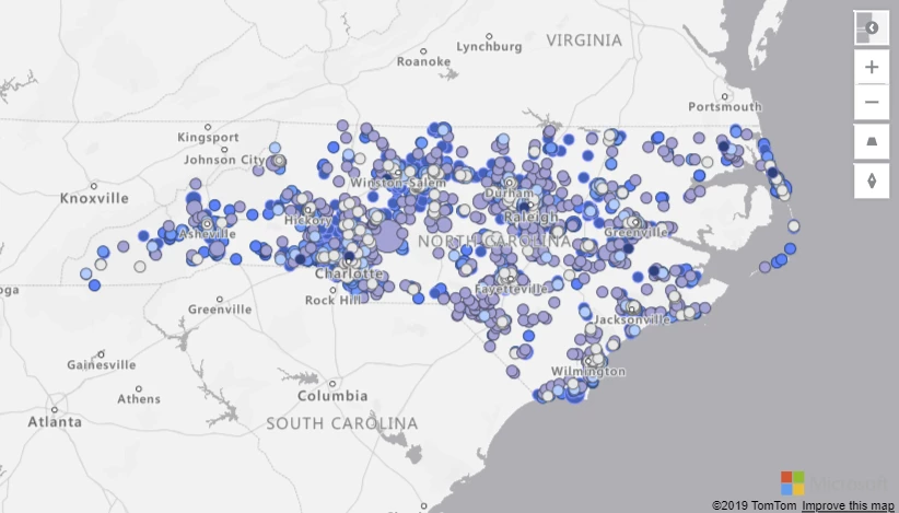 Map showing bicycle accident locations in North Carolina.