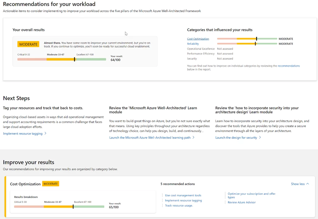    Azure Well-Architected Review results page, recommended actions, and next steps.
