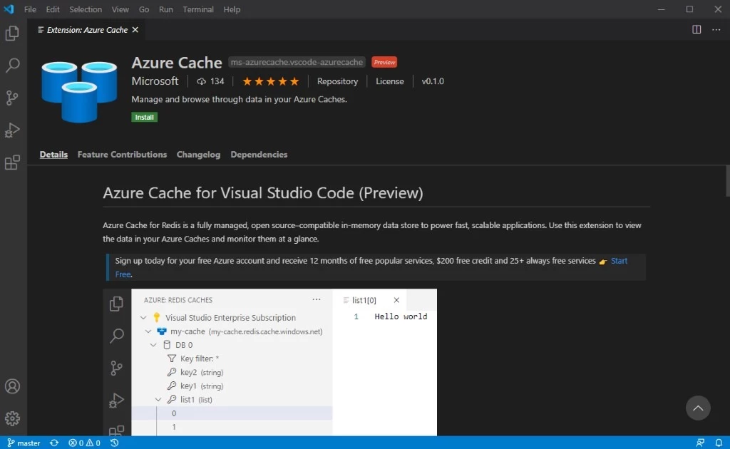Visual Studio Code application open showing the Azure Cache extension