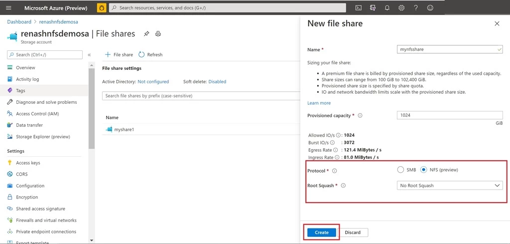 Screenshot of Azure Files through Azure portal