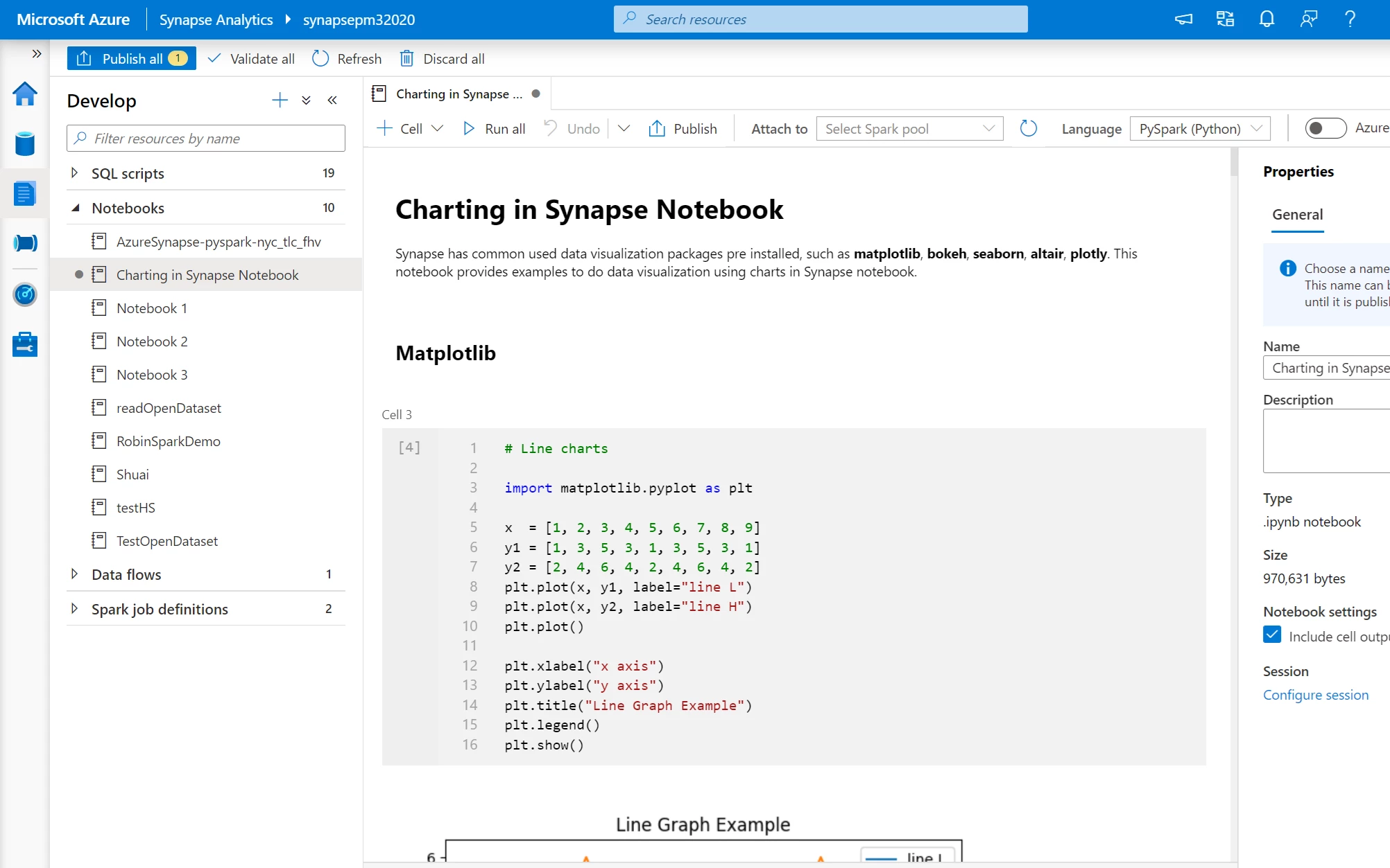 Sample notebooks appear in the Develop hub of the Azure Synapse Studio under Notebooks.