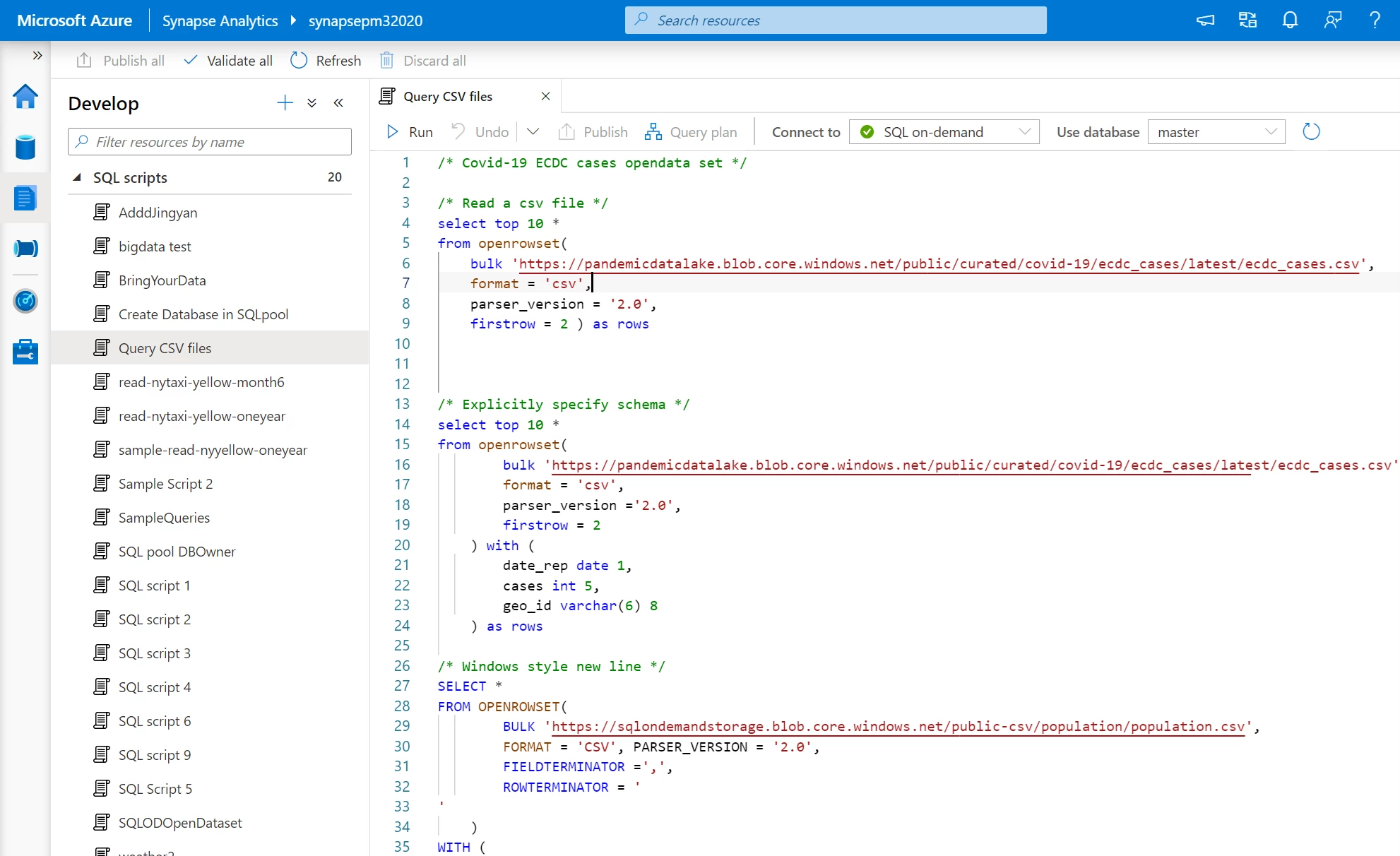 Sample SQL scripts open in the Develop hub of the Azure Synapse Studio under SQL scripts.