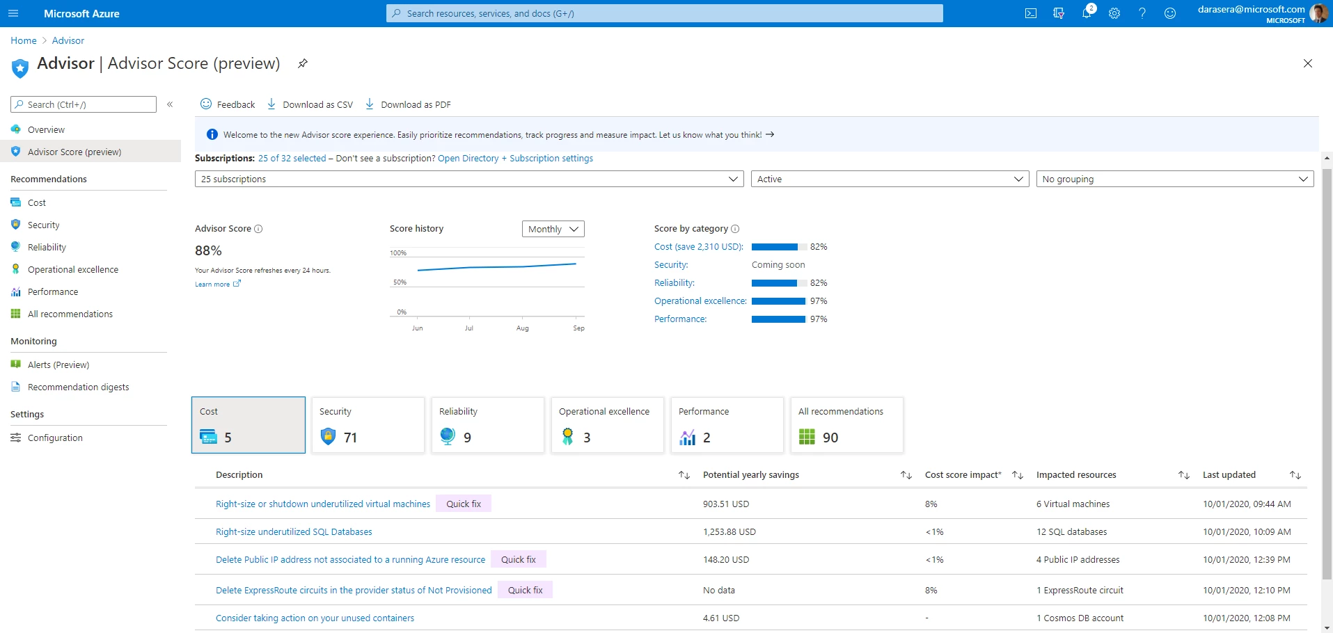 Screenshot of the Azure Advisor Score experience in the Azure portal.