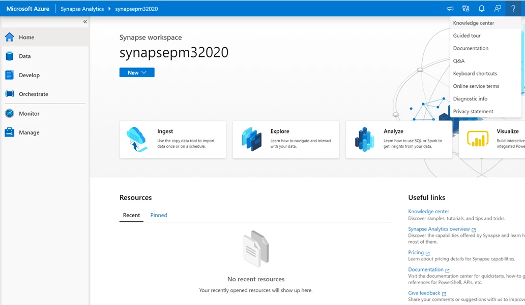 Azure Synapse workspace homepage displaying where to access the Knowledge center, from both useful links and the help bar in the main navigation.