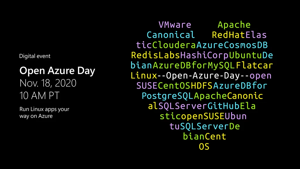 Text reads digital event Open Azure Day November 18 2020 10 A M P T run Linux apps your way on azure. There is also a word cloud in the form of a heart