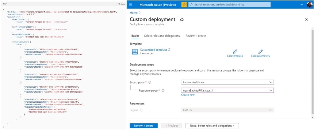 An example of an Azure Lighthouse ARM template offer and customer ARM template deployment workflow from the Azure Portal