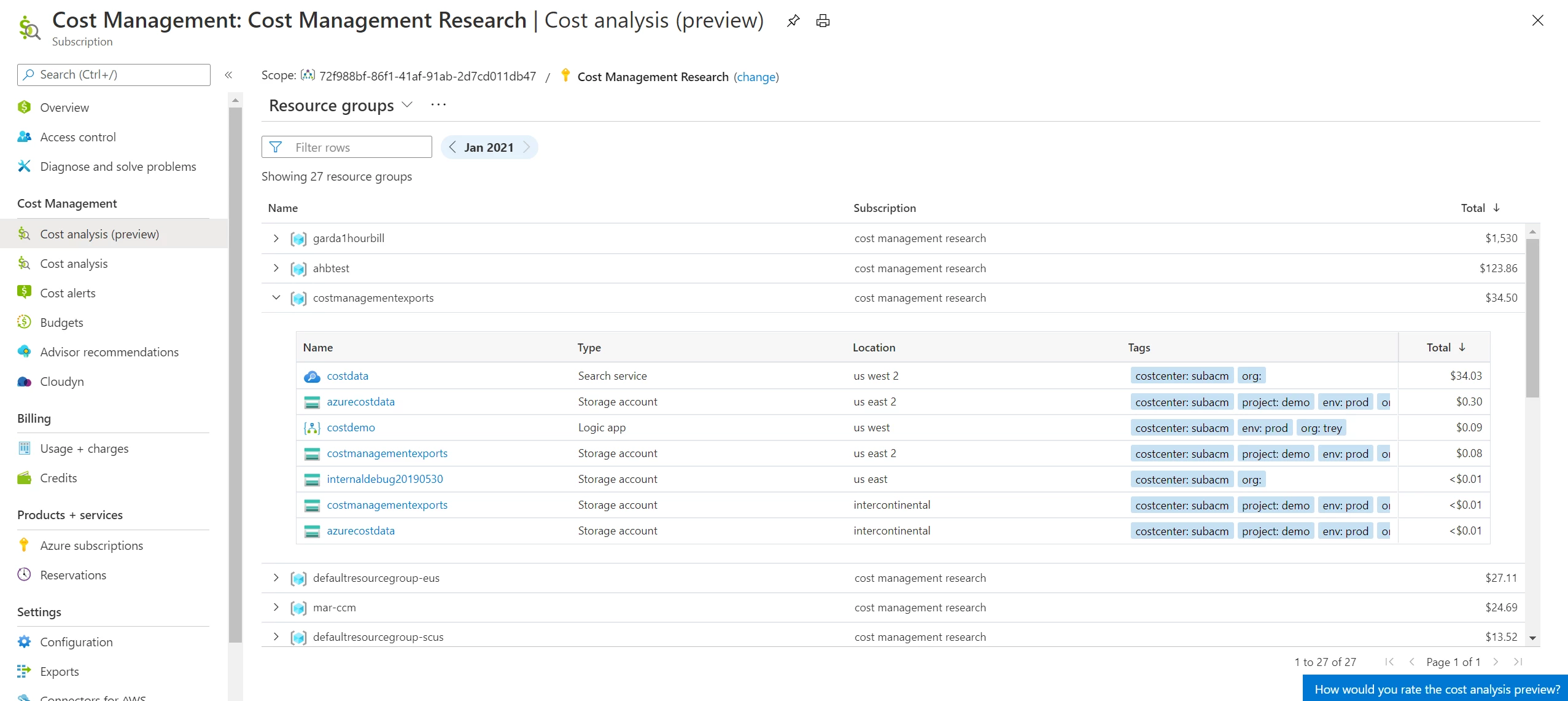 New Resource groups view in the cost analysis preview