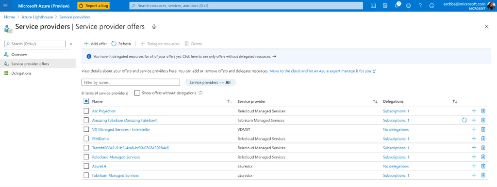 An example of a customer using Azure Lighthouse to manage multiple service providers