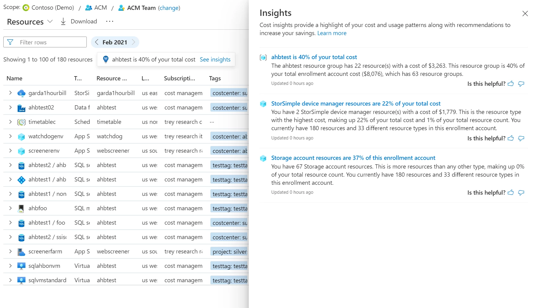 Cost insights available from the cost analysis preview in the Azure portal