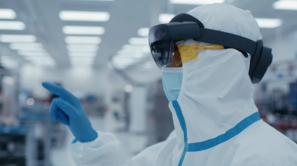 Medical worker in protective gear using Microsoft HoloLens 2