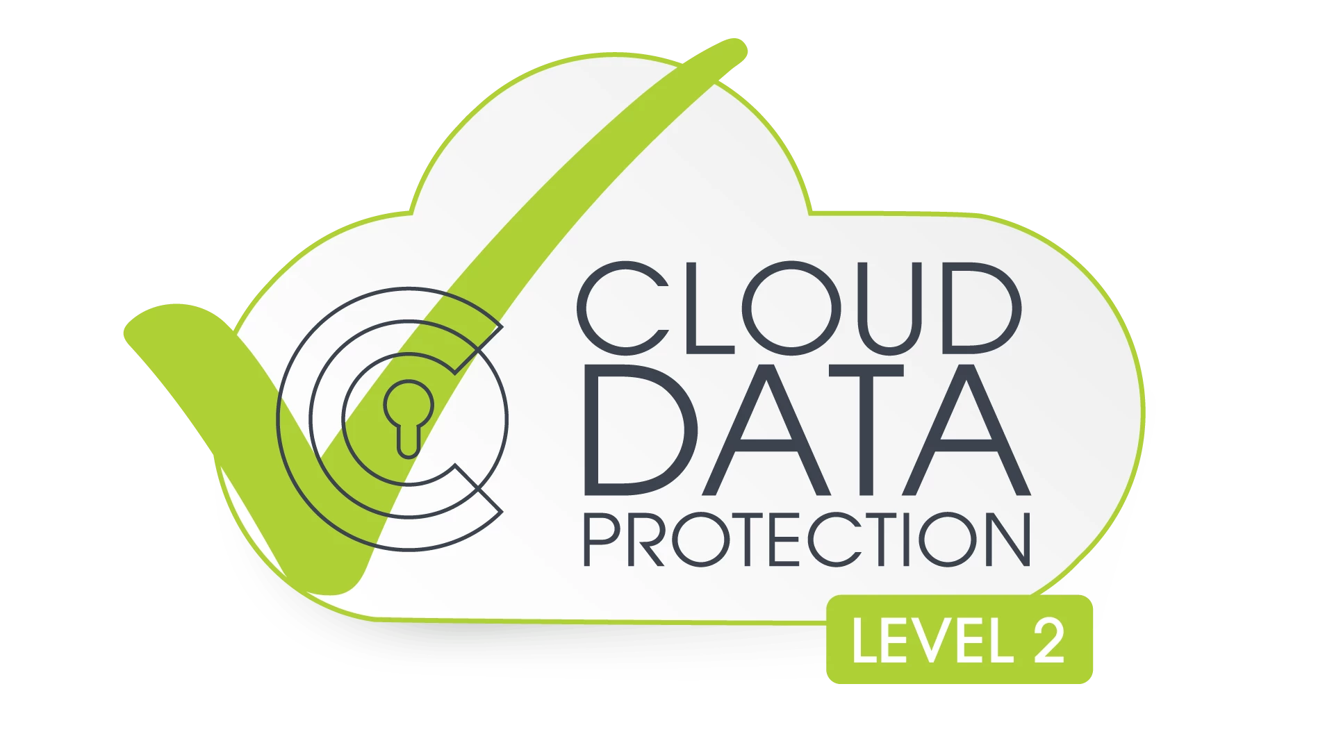A green outline of a cloud with a green check mark and black text that reads cloud data protection level two