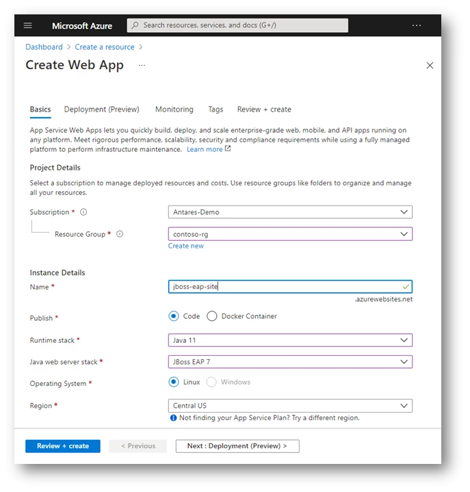 Figure 1 -  App service creation App Service interface showing the available options for creating a JBoss EAP application.