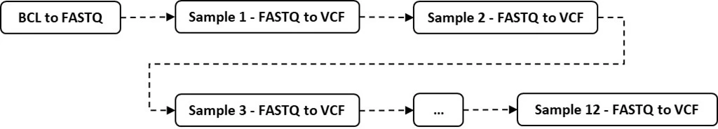 Illustration of sequence of BCL to VCF data conversion steps for genomic analysis. 