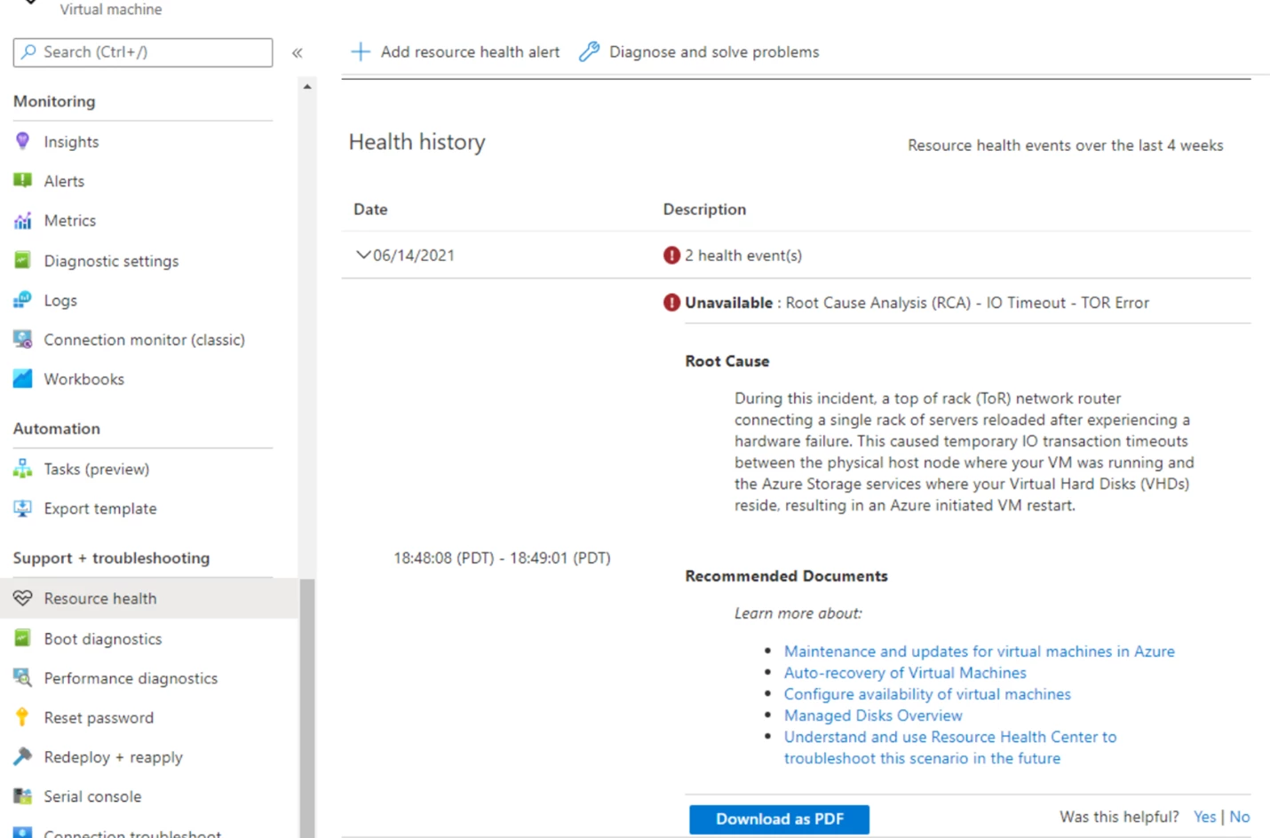 A screenshot of the Azure portal "health history" blade showing root cause details forÂ an example of a VM issue.
